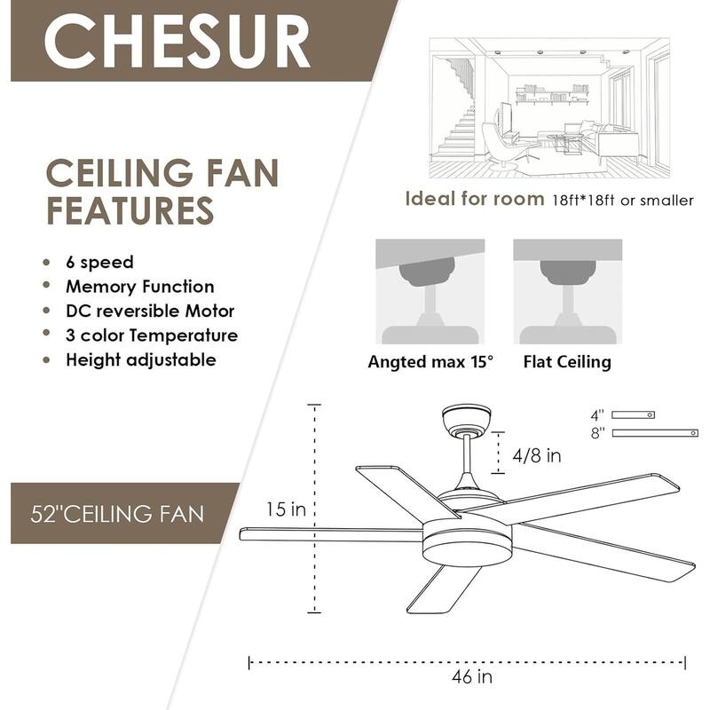 46 Inches Downrod Ceiling Fan with Light and Remote,Quiet DC Motor,Reversible Blades - 46 Inches