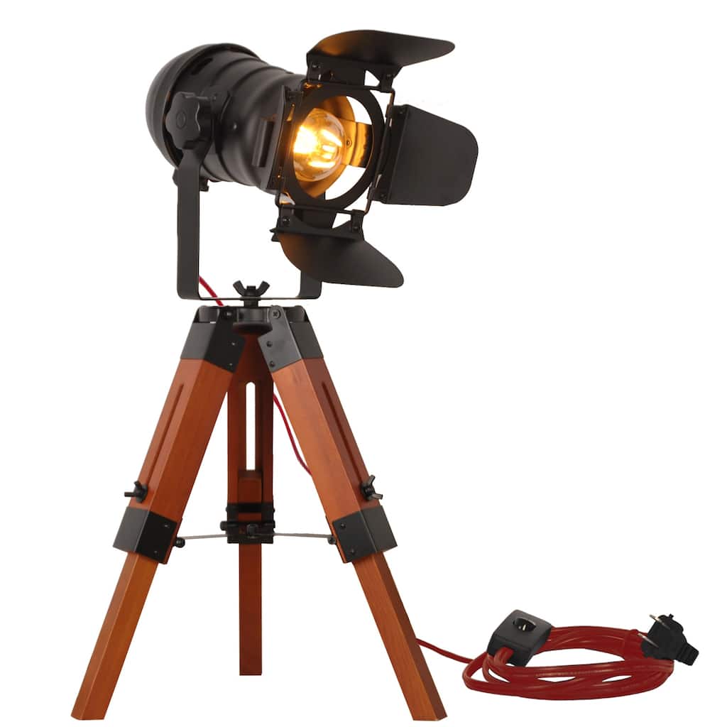 Farmhouse Vintage Adjustable Cinema Tripod Wood Table Lamp - Industrial Wooden Black Retro Cinema Reading Desk Light for Bedroom