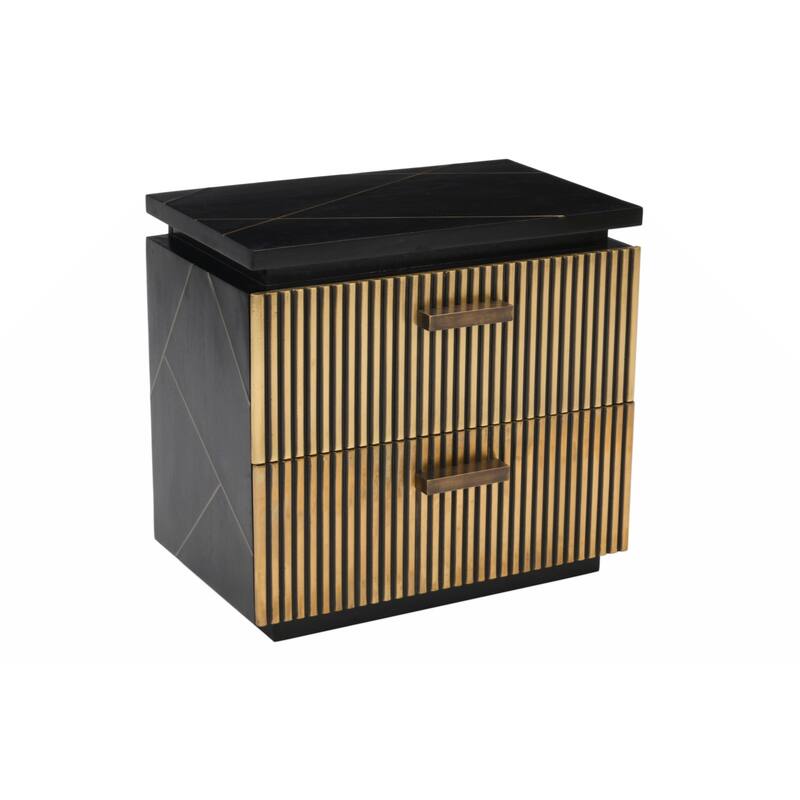 Allure Modern Style 2-Drawer Nightstand Made With Mango Wood and Finished with Brass Metal - Black