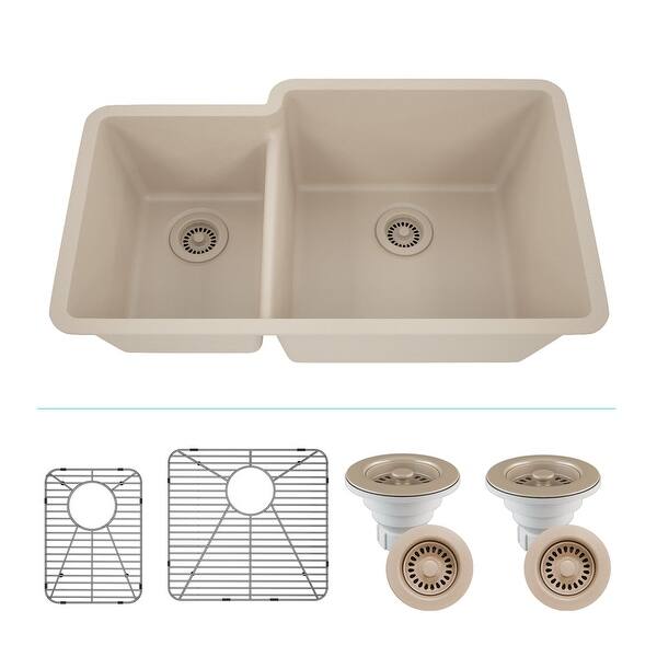 slide 2 of 12, Lexicon Platinum Quartz 40/60 Double Bowl Kitchen Sink Galaxy Beige