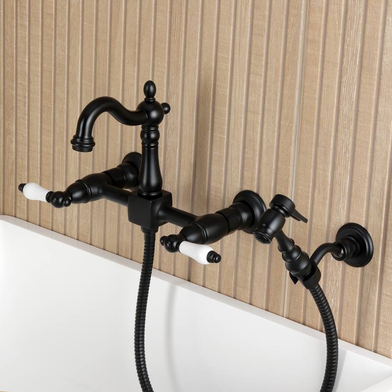 Kingston Brass Essex Double-Handle Wall-Mount Pre-Rinse Bridge Kitchen Faucet