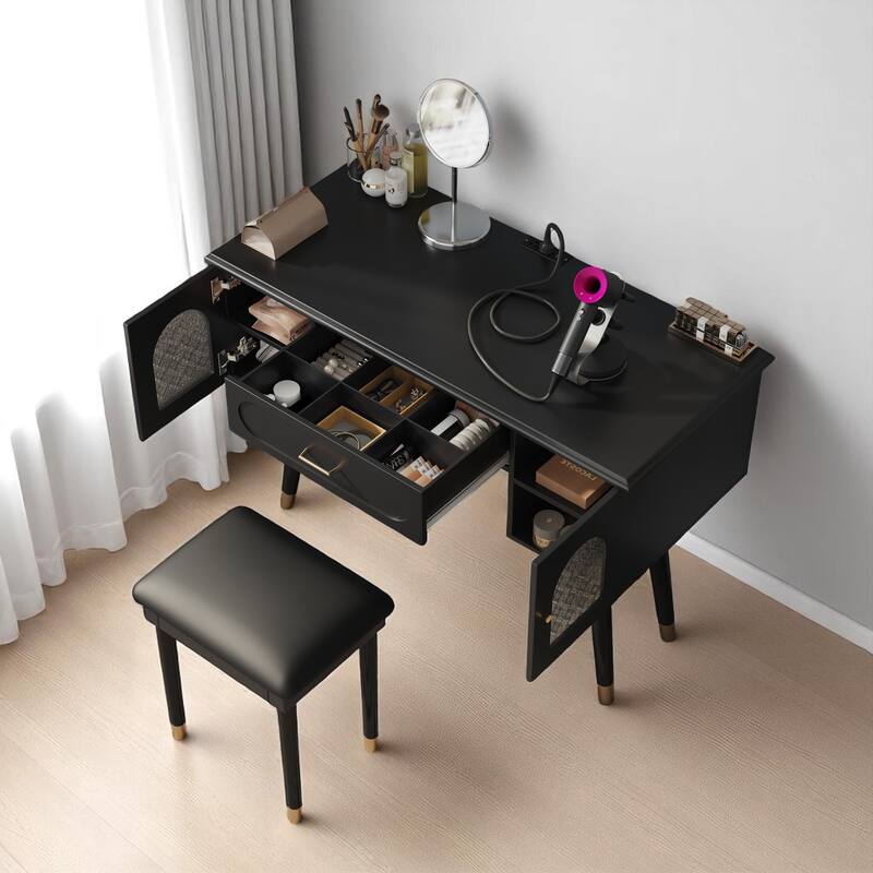 Elegant Makeup Vanity Desk with Charging Ports, Drawers, Carved Glass Cabinets, and Matching Stool for Bedroom