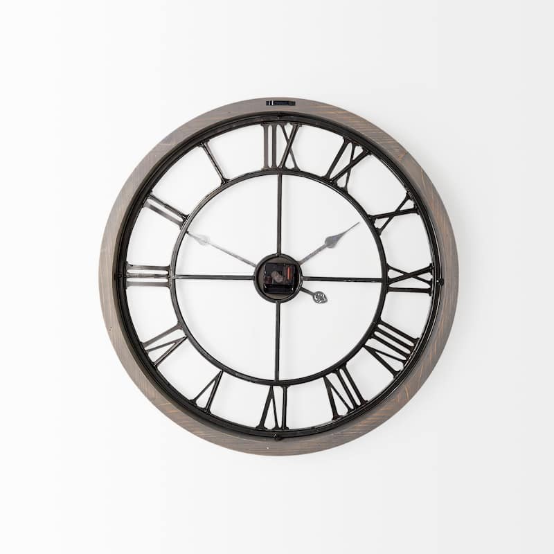 Mething Gray Wood and Black Metal 25" Round Wall Clock - 24.8"W x 2"D x 25"H