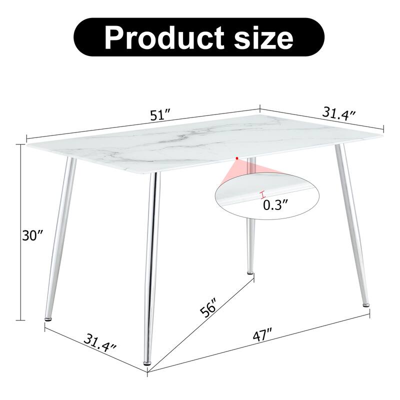 51" Tempered Glass Dining Table, Rectangular Living Room Table with Faux marble Tabletop and Metal Legs and Non-Slip Feet