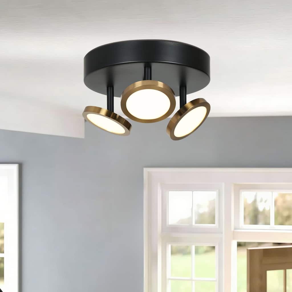 Modern Black Brass 3-Light Integrated LED Semi Flush Mount Ceiling Light with Adjustable Disc Heads - D 9" x H 5.5"