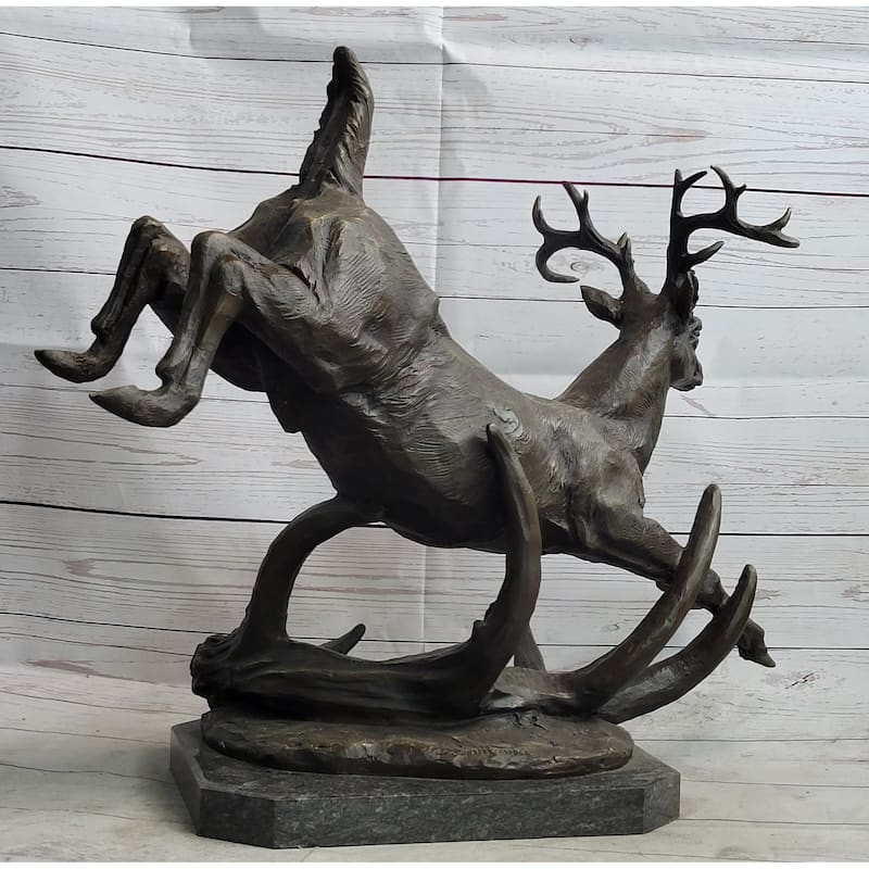 Leaping Stag Reindeer Deer Elk Bronze Caribou Bronze Sculpture Statue Signed Art