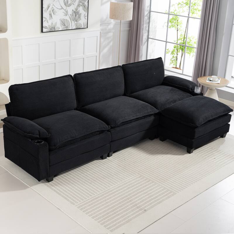 113" L Shaped Sectional Sofa, Deep Seat Cloud Couch with Ottoman, Oversized Corduroy Couch with Cup Holders, Storage Bags