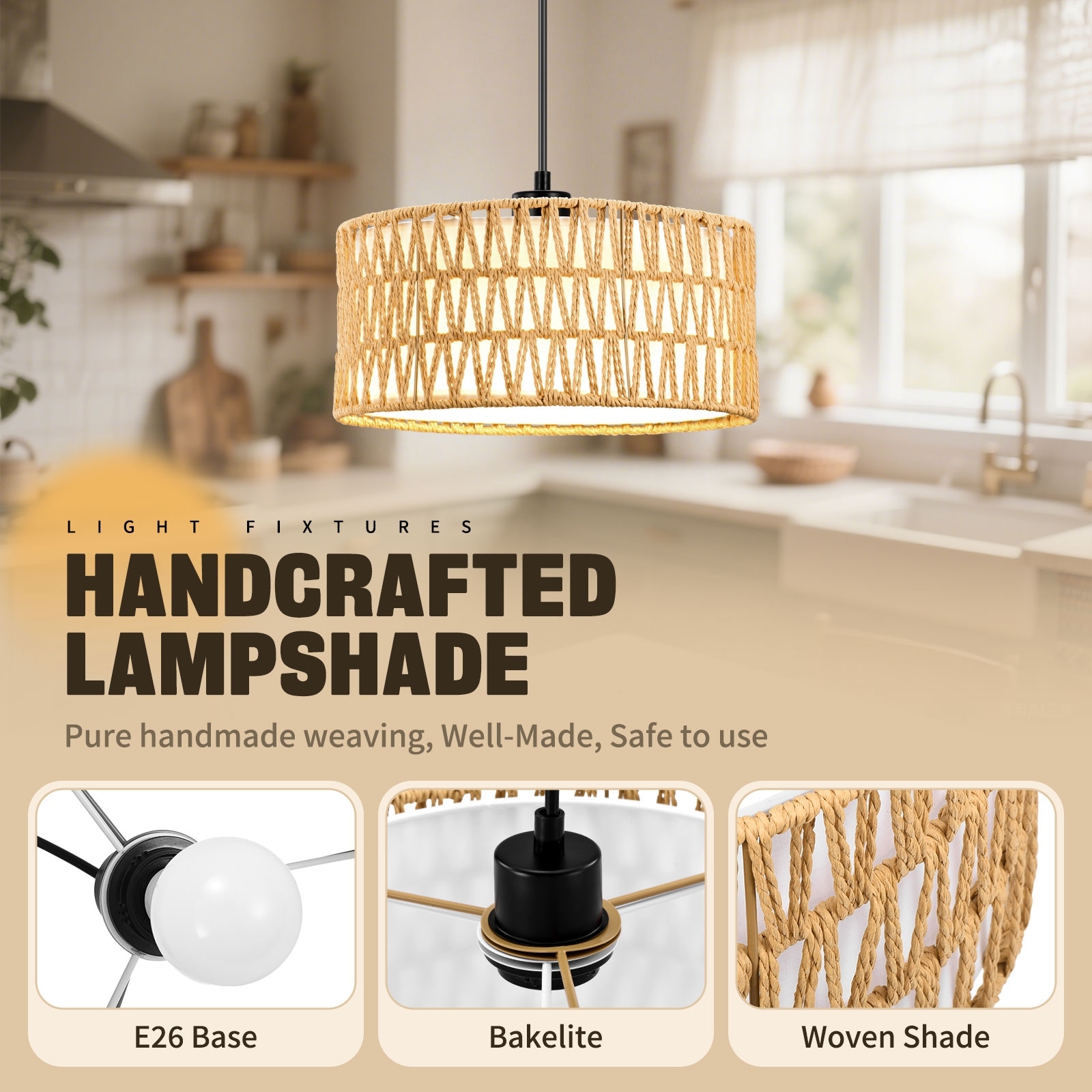 Rattan Farmhouse Chandelier Light Fixtures, Large Pendant Light, Hand Woven Chandeliers for Dining Room - Transparent