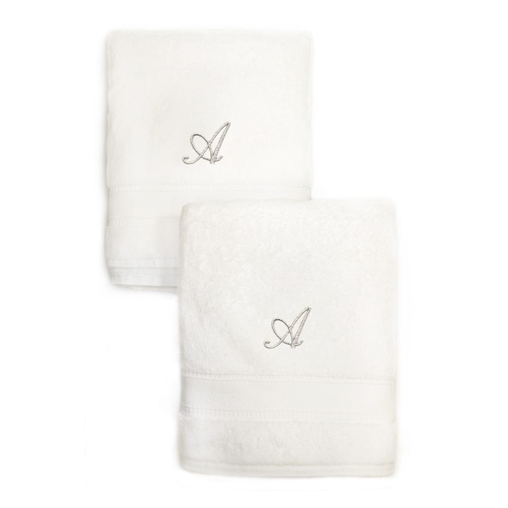 Authentic Hotel and Spa 2-piece White Turkish Cotton Hand Towels with Silver Script Monogrammed Initial