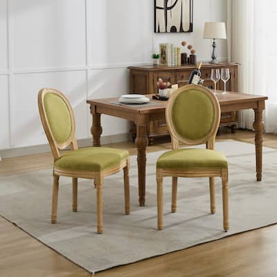 Set of 2 French Style Dining Chairs – Solid Wood Frame, Antique Painting Linen Fabric Back – Elegant Seating for Dining Space