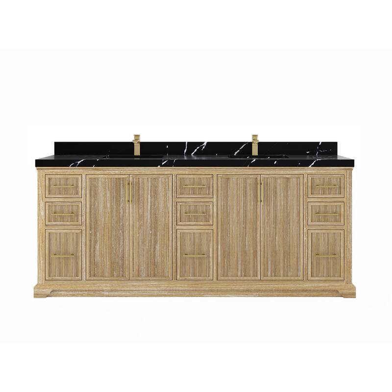 Willow Collections 84 in. W x 22 in. D Alys Solid Teak Wood Double Sink Bathroom Vanity with Quartz or Marble Countertop - 2”Calacatta Black - Whitewashed