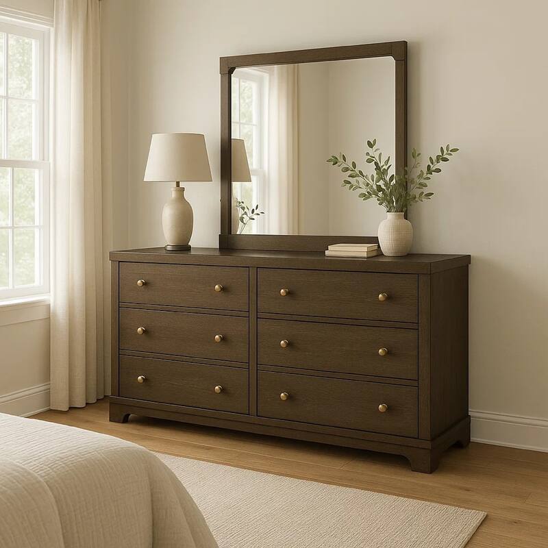 Seon Wide Dresser with Mirror, 6 Drawers, Cocoa Brown, Brass Knobs