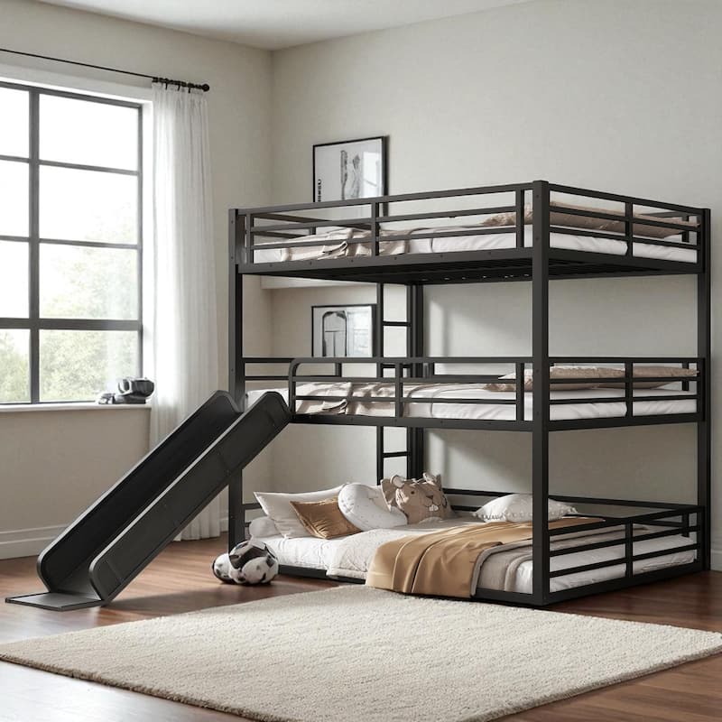 Metal Triple Bunk Bed with Slide, Twin XL/Full/Queen, Safety Guardrails, Quiet Slat Design, Heavy-Duty, Black