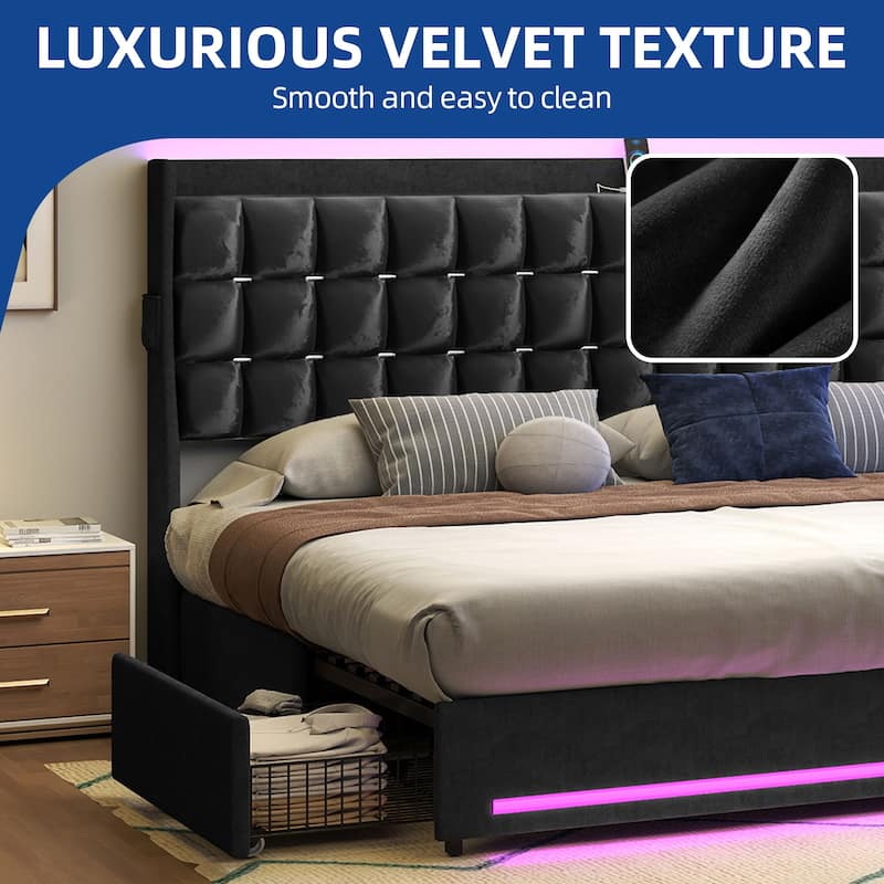 Moasis King Size Velvet Platform Bed with 4 Drawers RGB Lights and Charging Station No Box Spring Needed