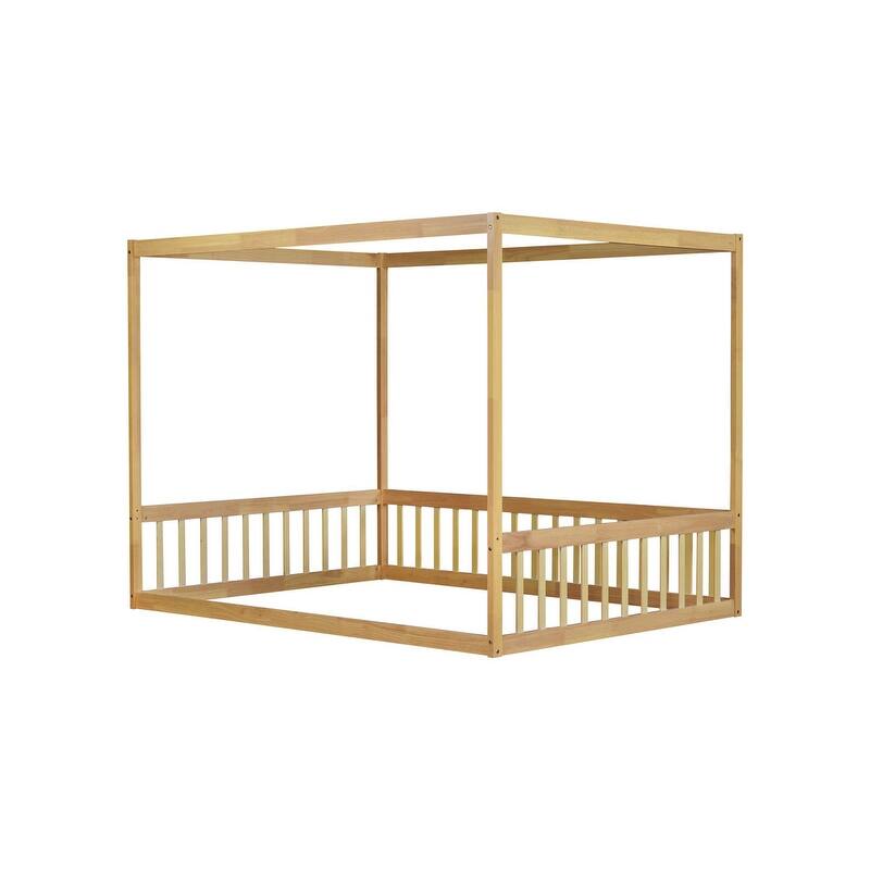 Full Size Rubber Wood Floor Bed Canopy Bed with Fence,Guardrails