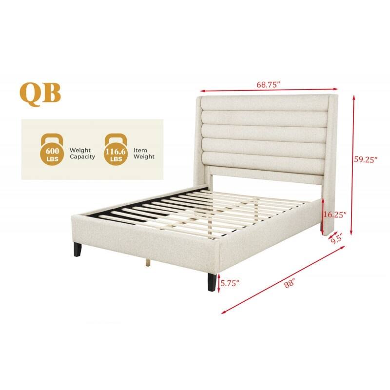 Upholstered Queen Platform Bed with Rolled Channel Tufted Headboard, Beige