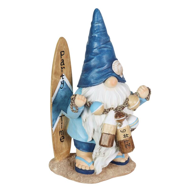 Exhart Solar Surfer Beach Hand Painted Garden Gnome Statue with Party Time Surf Board, 7.5 by 12.5 Inches
