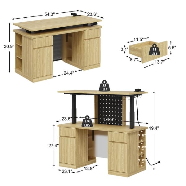 dimension image slide 1 of 2, 54.3" Electric Standing Desk Height Adjustable Sit Stand Computer Desk with 3 Preset Heights, Pegboard, Light and Power Outlet,
