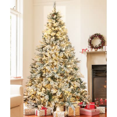 Snow-flocked 7ft Artificial Christmas Tree with 350 Clear LED Lights and Pinecones - 84" H x 49" Diameter