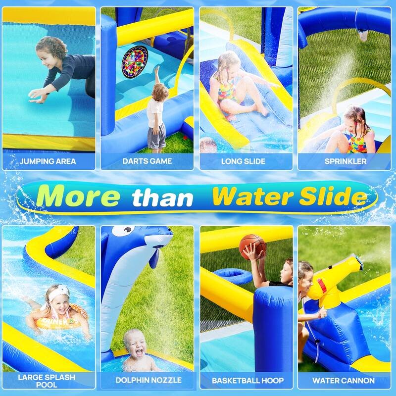 8-in-1 Inflatable Water Park with Slide,Splash Pool,Water Guns, Basketball Hoop & Climbing Wall - Includes ETL-Certified Blower