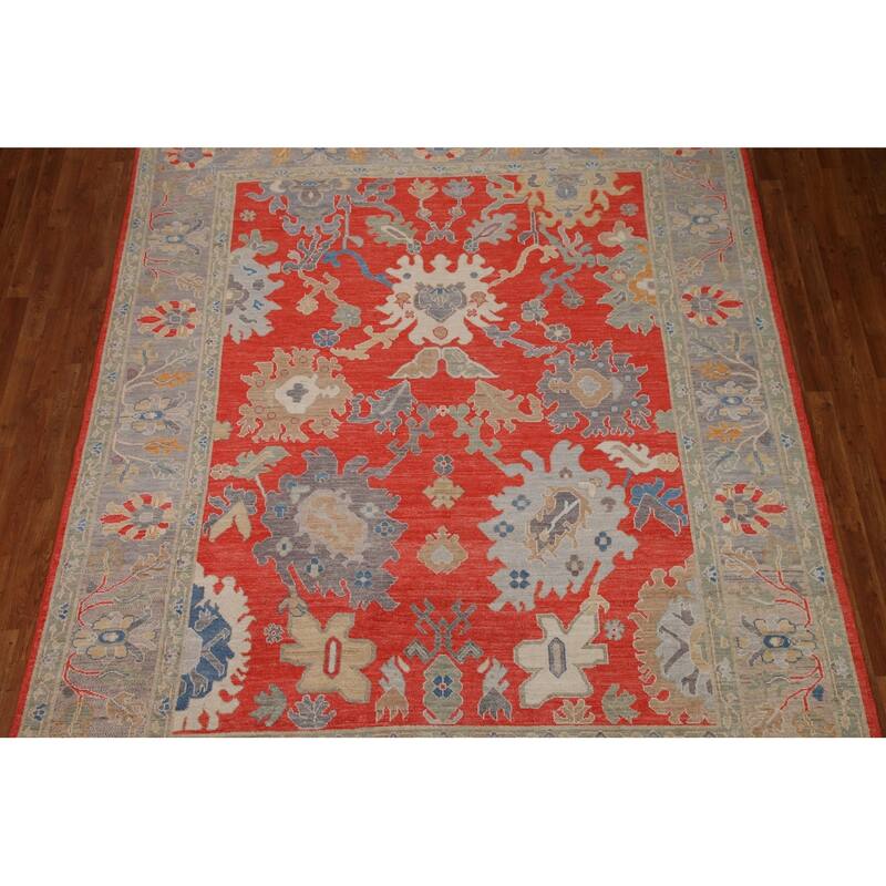 Red Floral Oushak Vegetable Dye Area Rug Handmade Wool Carpet - 8'2"x 9'11"