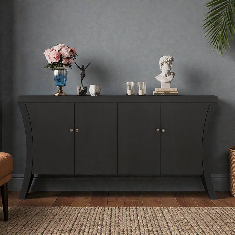 Industrial 4-Door Credenza with Wooden Arc Legs and Bronze Clasps, Modern Storage Cabinet for Living Room - Black