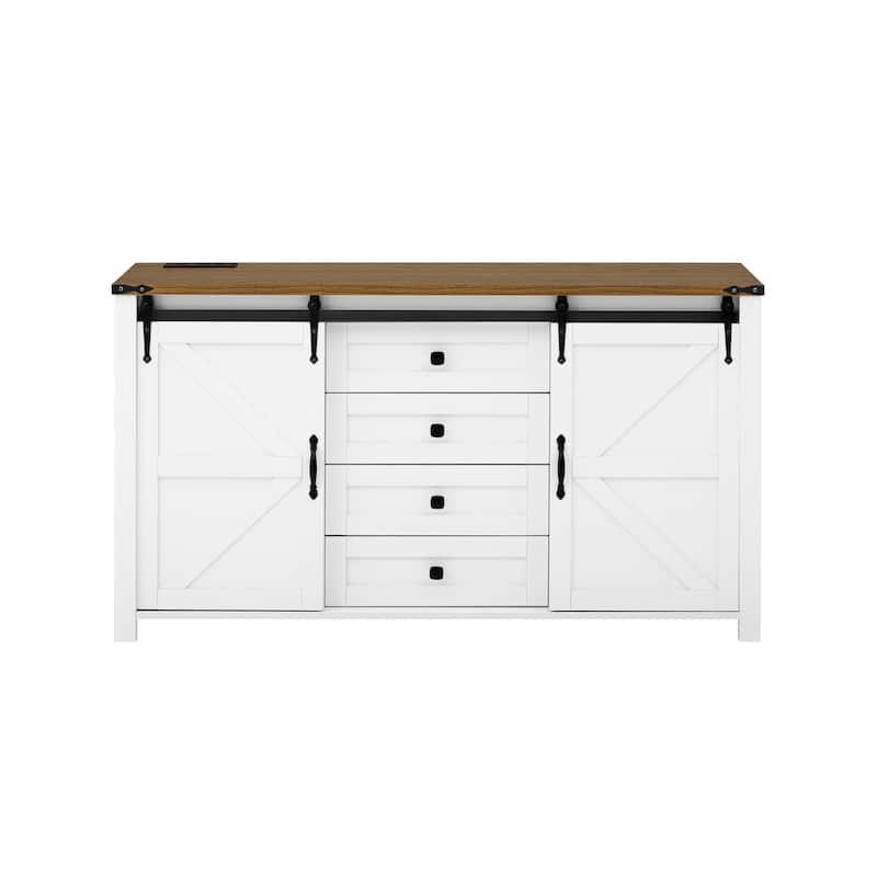 55.1" Farmhouse Sideboard with Sliding Barn Doors, 4-Drawer Storage Cabinet with Power Outlet, Wood Buffet Table for Dining Room