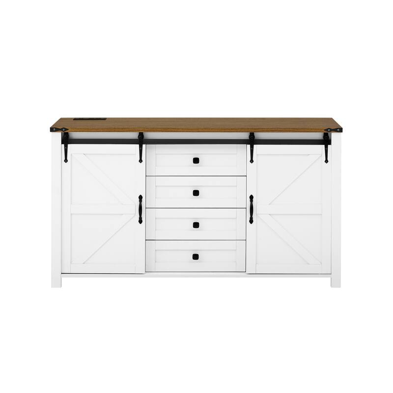 Farmhouse Sideboard Cabinet with Sliding Barn Doors, Power Outlet & 4 Drawers by Harper&Bright Designs