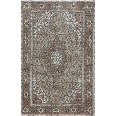 Beige Clean Natural Wool Shabby Chic Distressed Old Persian Tabriz Mahi Medallion Design Hand Knotted Oriental Rug (6'2"x10'2")