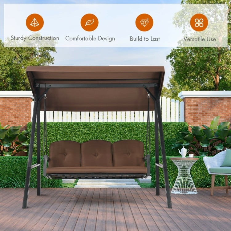 Outdoor 3-Seat Porch Swing with Adjust Canopy and Cushions - 114" x 53" x 74" (L x W x H)