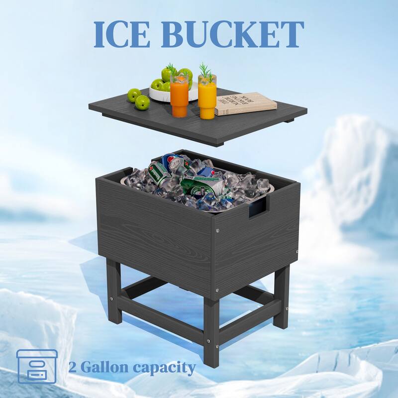 Outdoor Patio Weather Resistant HDPE Coffee & Side Table, Build-in Stainless Steel Cooler Bucket