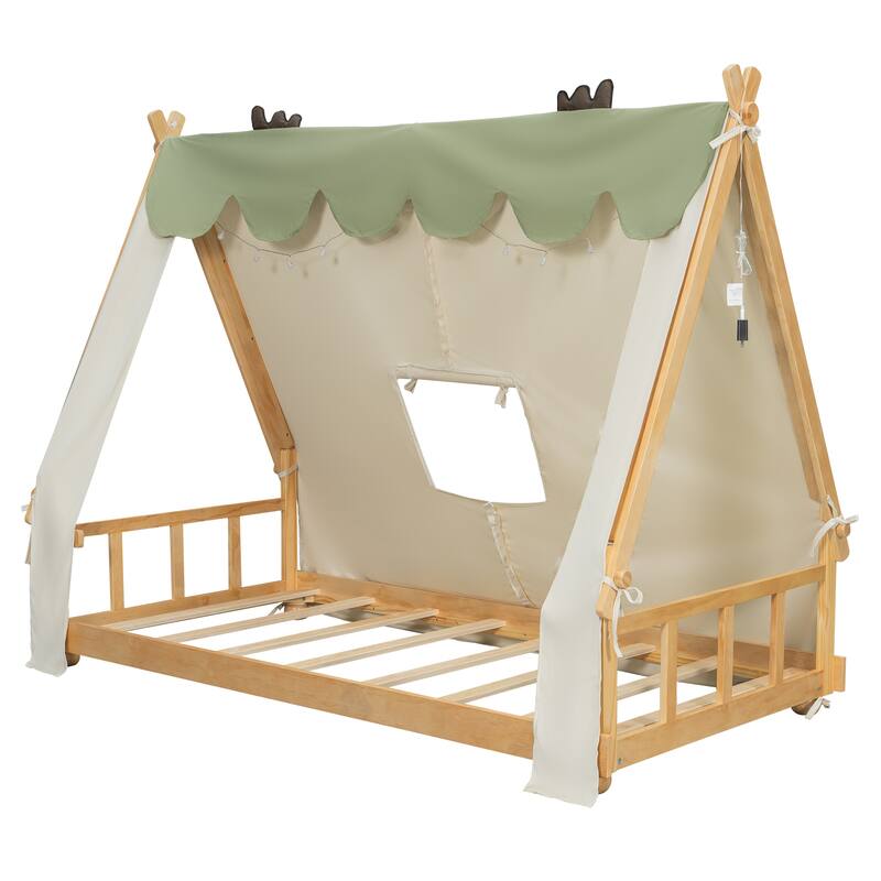 Deer Antler Accents House Bed Tent with Light and Roll-Up Curtain Skylight, Low Platform Bed with Detachable Tent and Roof
