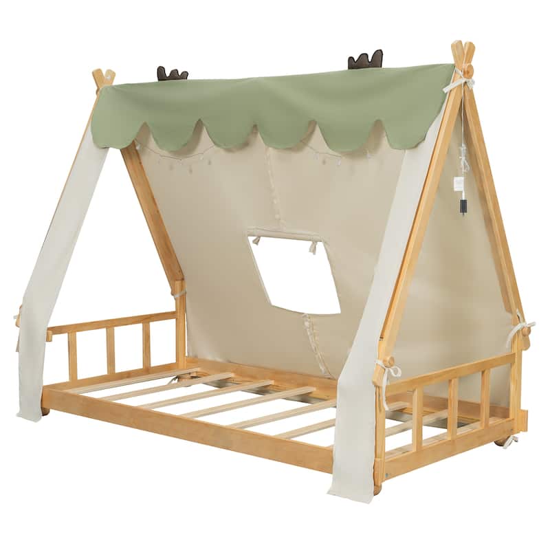 Kids House Bed with Detachable Tent Skylight and Light Features