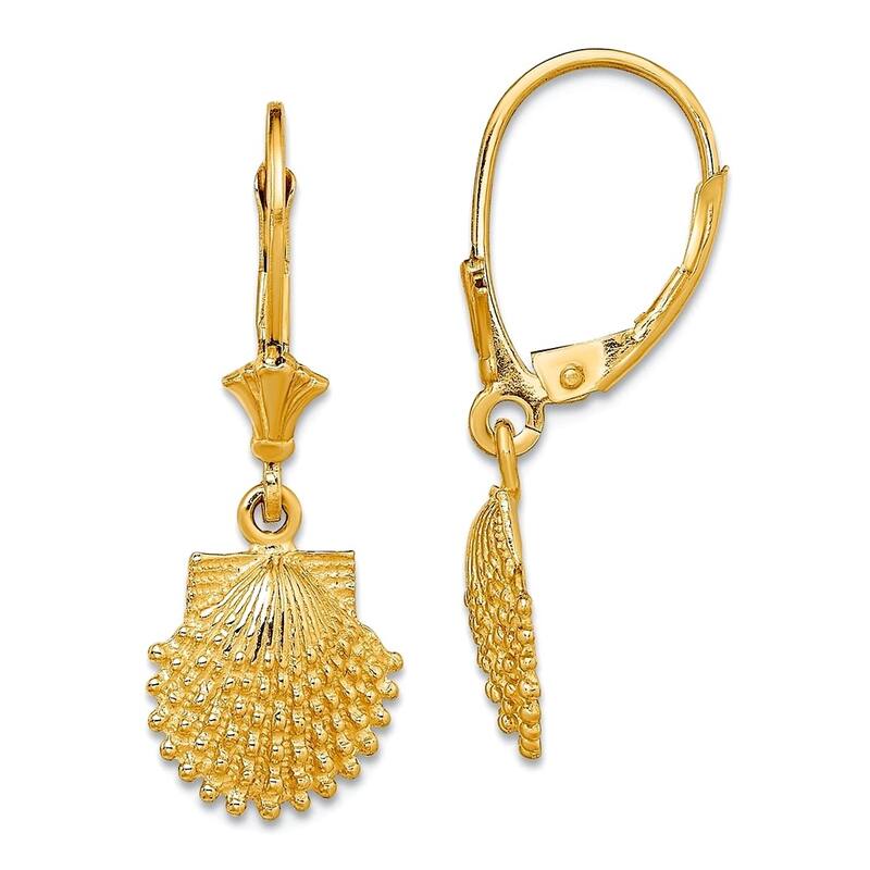 Curata 14k Yellow or White Gold Beaded Scallop Shell Leverback Earrings 28.7x11mm - Yellow Gold
