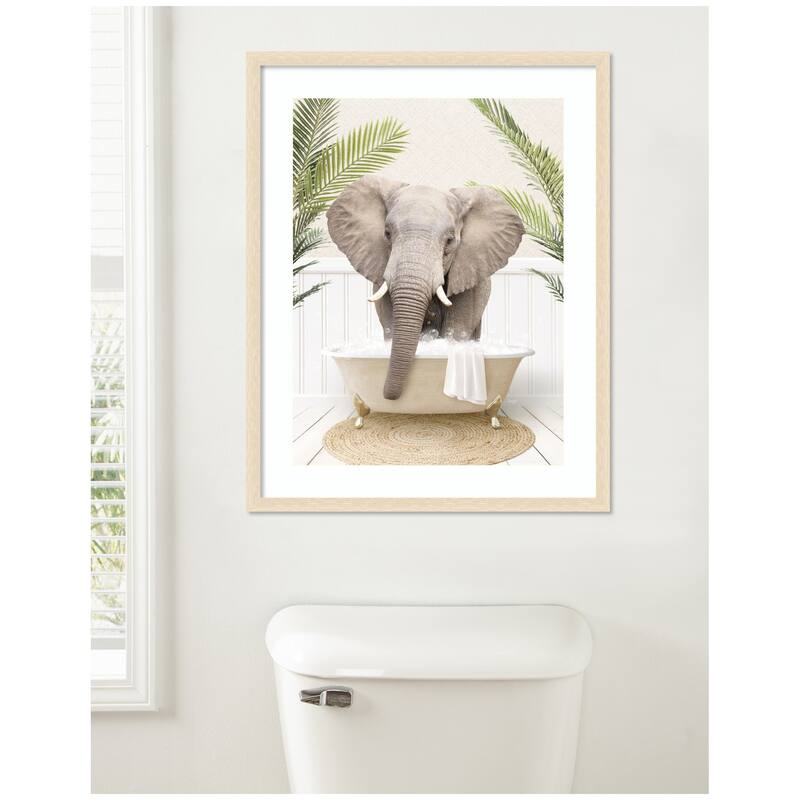 Kate and Laurel Elephant Front Palm Bathtub by Amy Peterson Framed Wall Art Print
