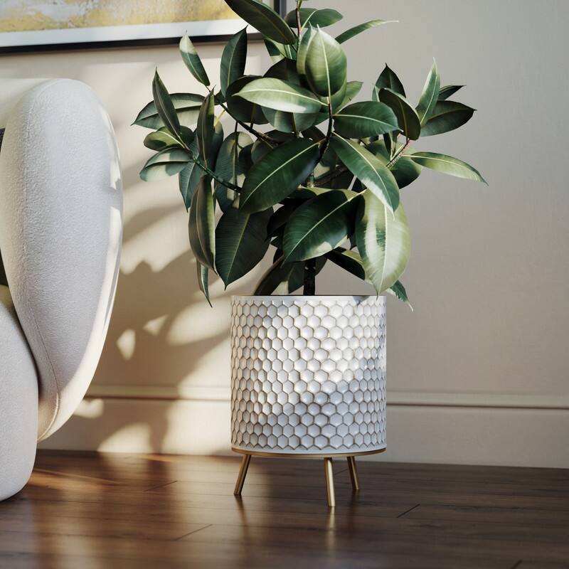 Honeycomb Mid-Century Modern Indoor Metal Pot Planter with 3-Leg Metal Base - 13" H  x 10.25" W - Multi