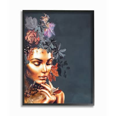 Stupell Elegant Glam Female Portrait Floral Hair Leaves Framed Wall Art