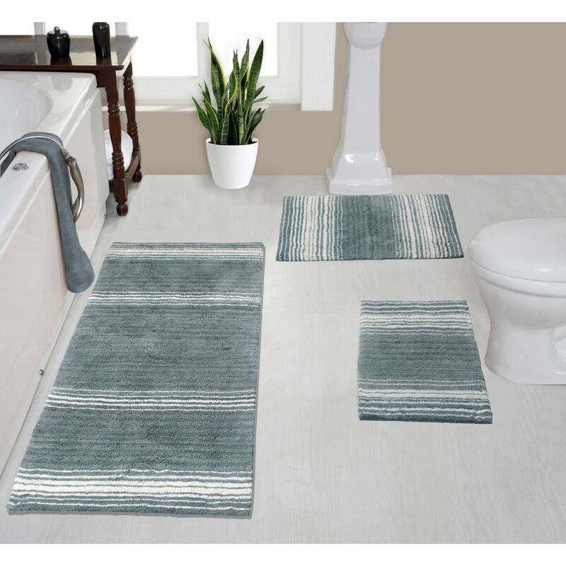 Gradiation Rug Collection 100% Cotton Non-Slip Bathroom Rug Set, Machine Washable Bath Rug, 3 Piece Set with Runner Rug - Grey