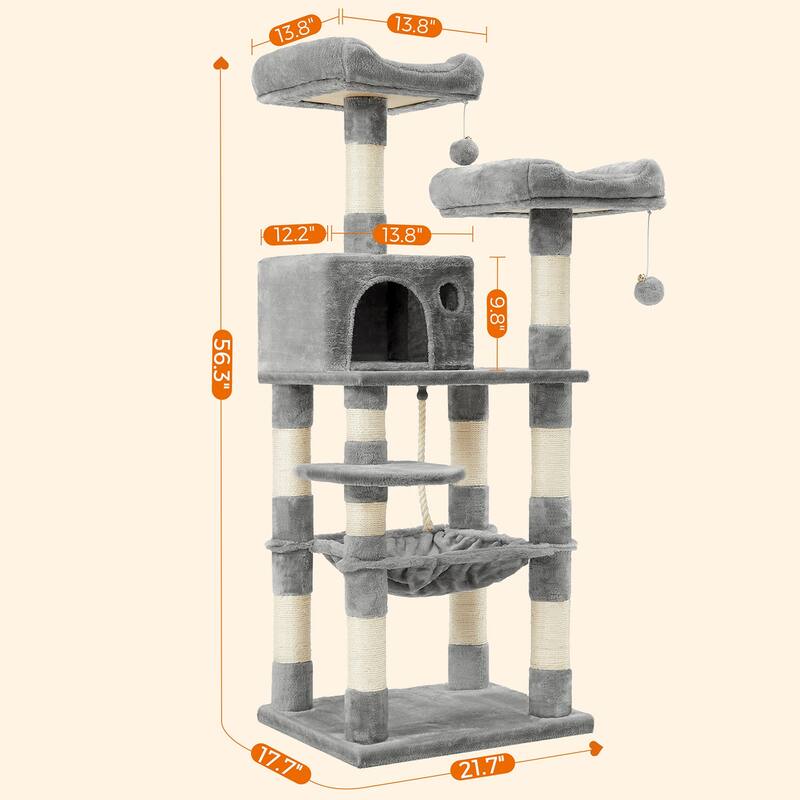 Grey Multi-Level Cat Tree with Sisal-Covered Scratching Posts and Hammock