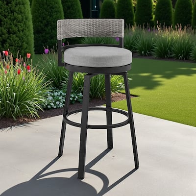 HomeRoots 33" Light Gray Metal Swivel Low back Outdoor Bar Height chair with Footrest