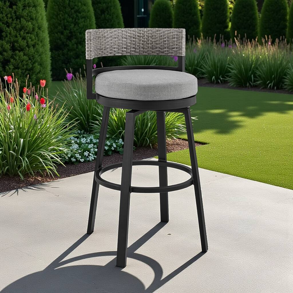 HomeRoots 33" Light Gray Metal Swivel Low back Outdoor Bar Height chair with Footrest