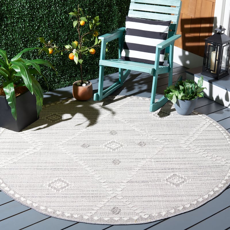 SAFAVIEH Global Dervla Moroccan Boho Tribal Indoor/ Outdoor Waterproof - 6'7" x 6'7" Round - Light Grey/Ivory - Runner/Round