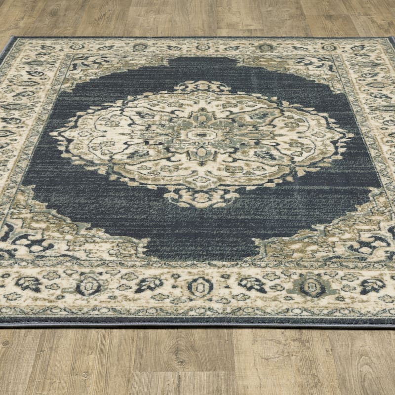 Kaleb Traditional Center Medallion Deep Teal/Ivory Area Rug