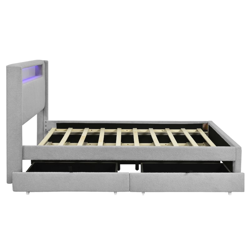 HomeRoots Light Gray Tufted Boucle Lighted Full Bed Frame With Trundle And USB And Drawers