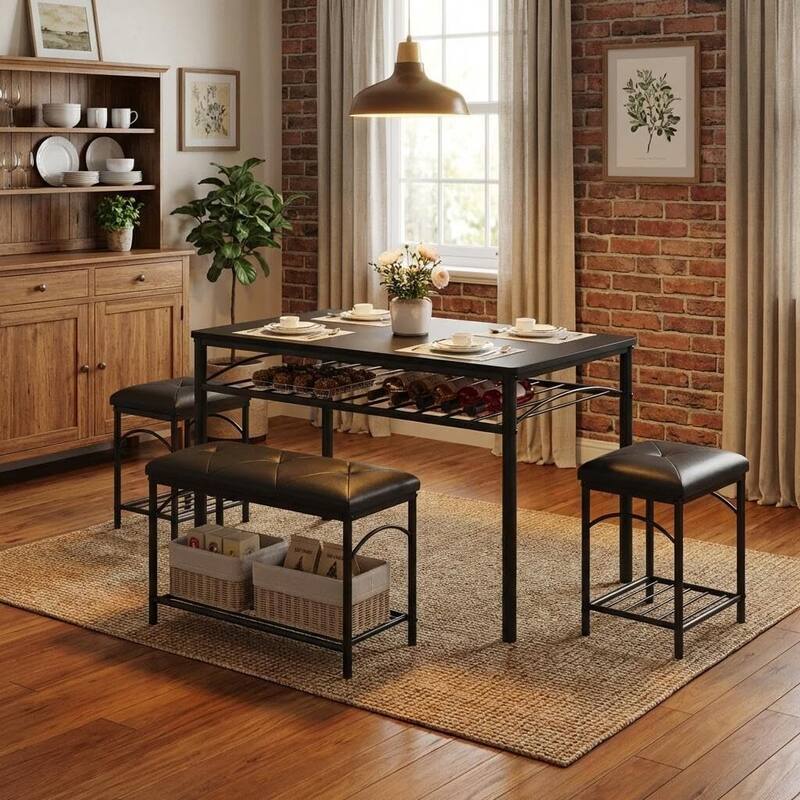 Kitchen Dining Table Set for 4 with Upholstered 1 Benches and 2 Stools