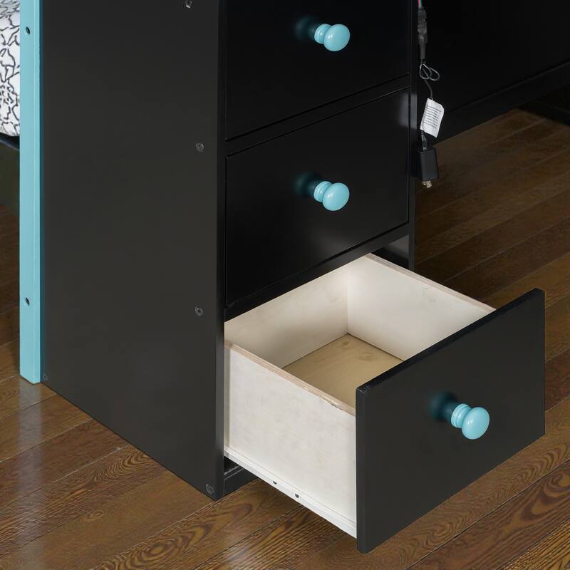 Full Size Gaming Loft Bed with Desk, LED Light, Storage Shelves and Drawers, Wood Loft Bed Frame for Teens Kids