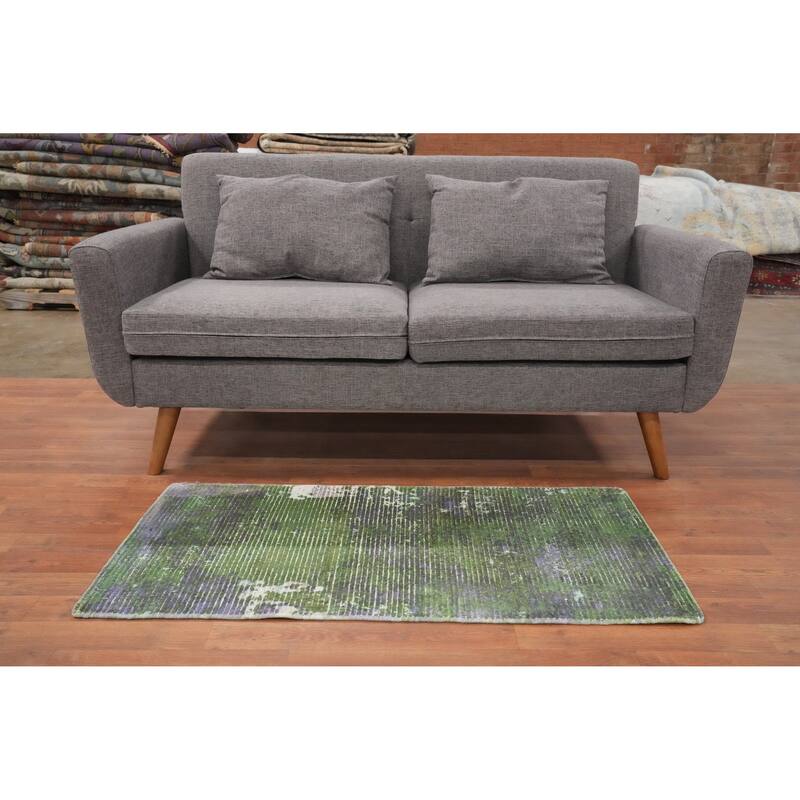 Hand Knotted Oriental Viscose Silk Carpet Modern All-Over Green Abstract Area Rug - 4' 0'' X 2' 0''