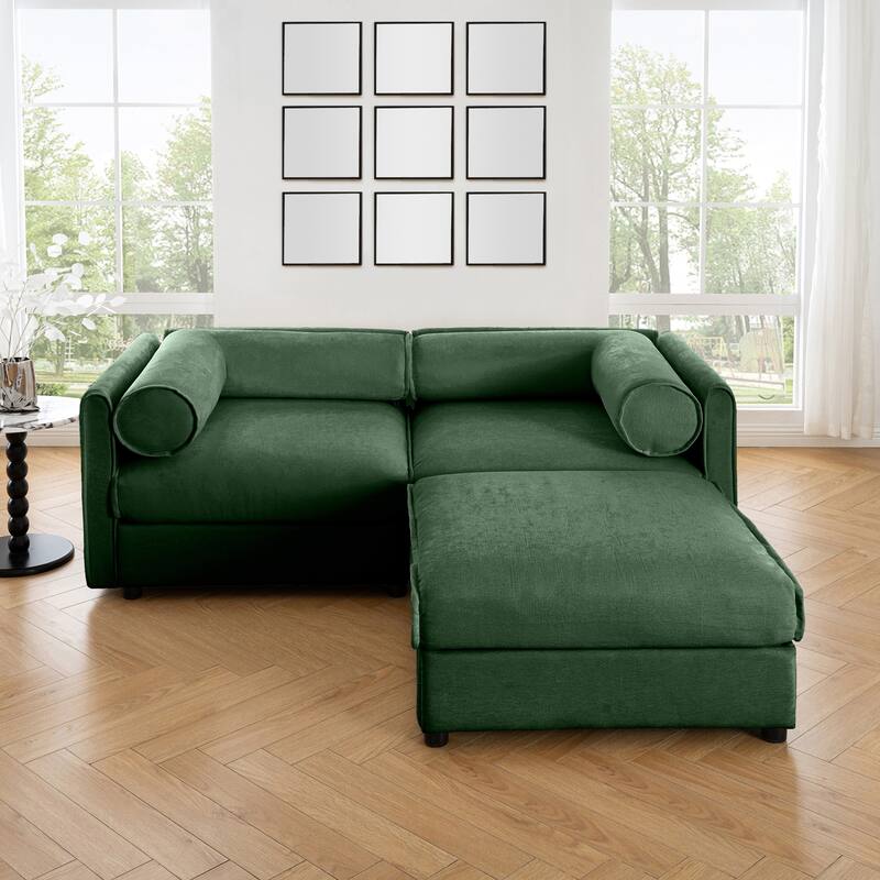 75.5" Chenille 2-Seater Sofa with Ottoman Storage & Cylindrical Backrest