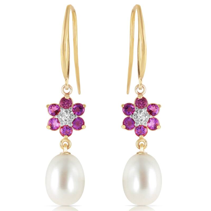 14K Solid Gold Fish Hook Earrings w/ Diamonds, Amethysts & Pearls