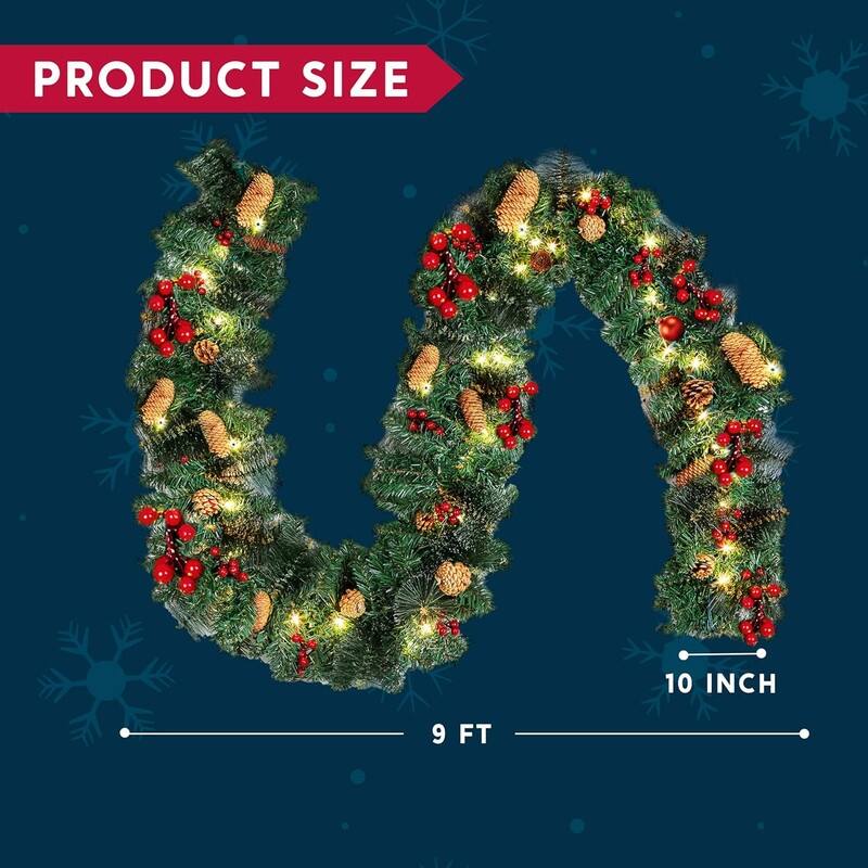 9 ft. Tall Green Plastic Prelit Christmas Garland with 50 LED Lights, Bristle, Pine Cones and Red Berries